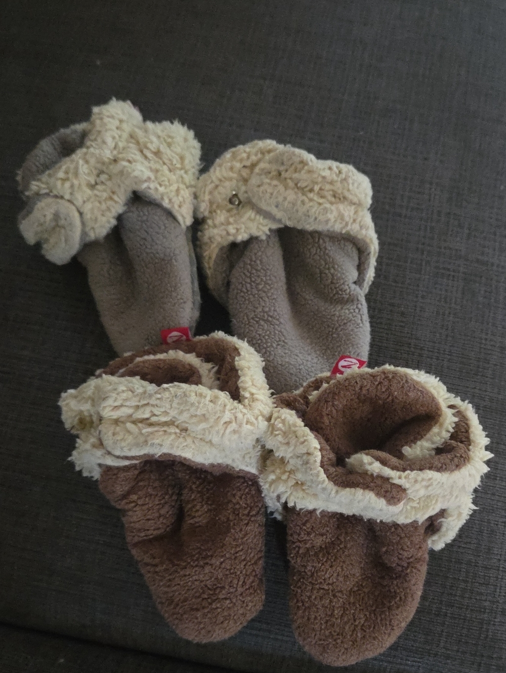 Zutano Cozy Sherpa Slippers in Brown and Gray with Cream Trim